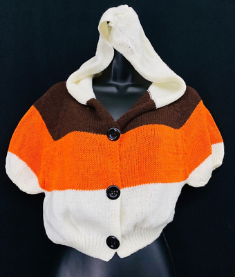  オレンジ フード付きセーター Vintage 1970s orange striped sweater, cropped with hood, candy