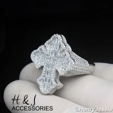 MEN 925 STERLING SILVER ICY BLING BAGUETTE CZ HIPHOP 3D CROSS RING*ASR236