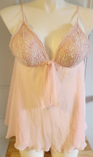 Delicates Women s Sleeveless Plunge V Neck Semi Sheer Chemise Nighty Pink Size L