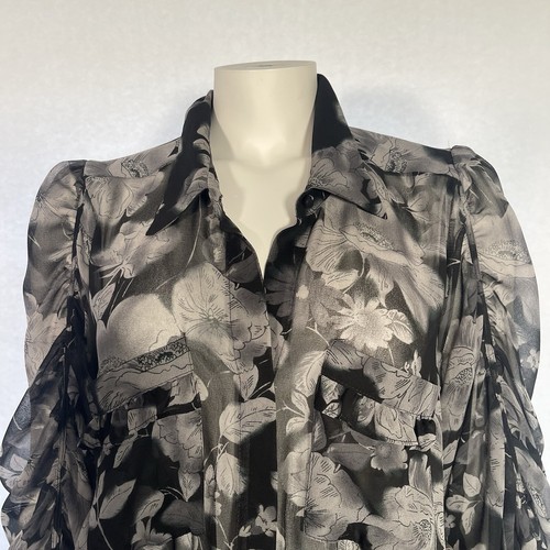 MISA LOS ANGELES Kleid UK L Mini Grau Schwarz Blumen Chiffon Rüschen Langarm - Bild 5 von 10