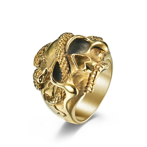 Hip Hop Vintage Stainless Steel Casting Snake Skull Ring Gold Plated Men Jewelry - Picture 9 of 10