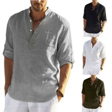 Short Sleeve New Summer Shirt Solid Loose Casual Mens Blouse Tops Linen Shirts