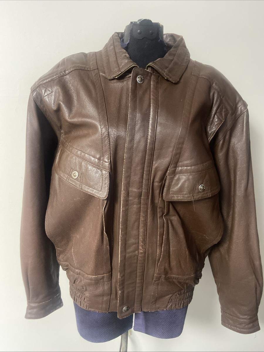 St Johns Bay Men Vintage Bomber Leather Jacket Brown Full Zip 