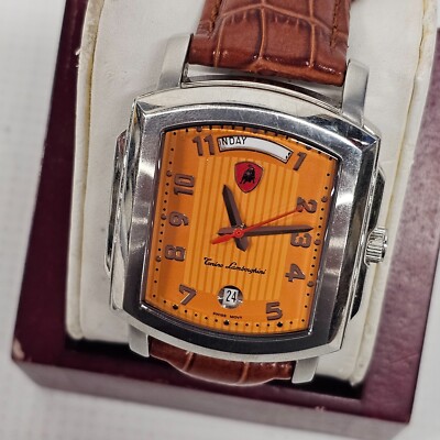 MSRP $1530 Tonino Lamborghini Day/Date Orange Face Watch w/ Auth
