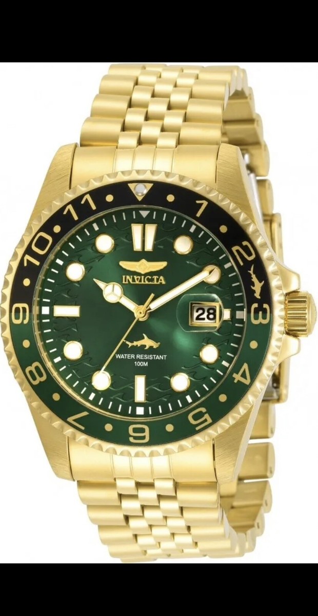 Invicta Pro Diver 30623 Gold Band Green Dial 43mm Case Wrist 