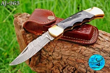 HANDMADE FORGED DAMASCUS STEEL FOLDING BLADE POCKET KNIFE / BULL HORN HANDLE-963