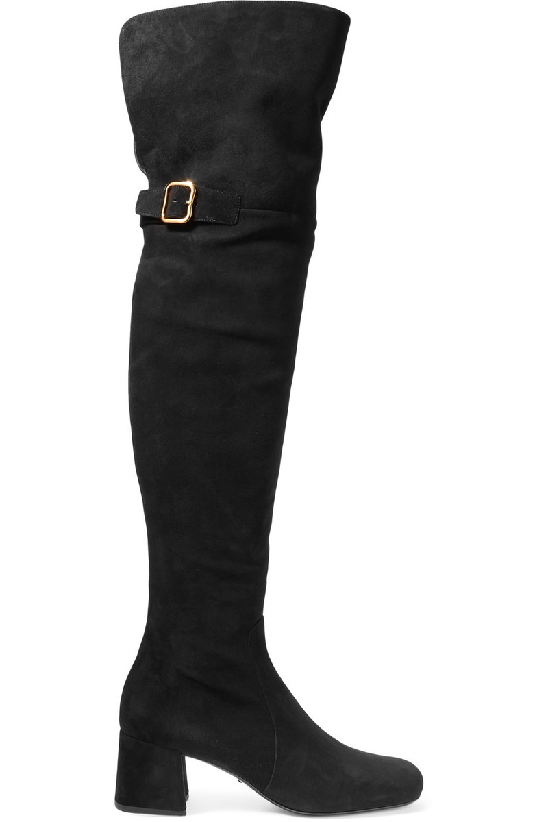 $1800 Prada Over-The-Knee Boots Black Suede Mid Hees Buckle