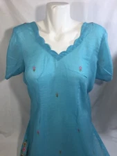 Women Tunic V-Neck Blue embroidered floral open side full length semi sheer L/XL
