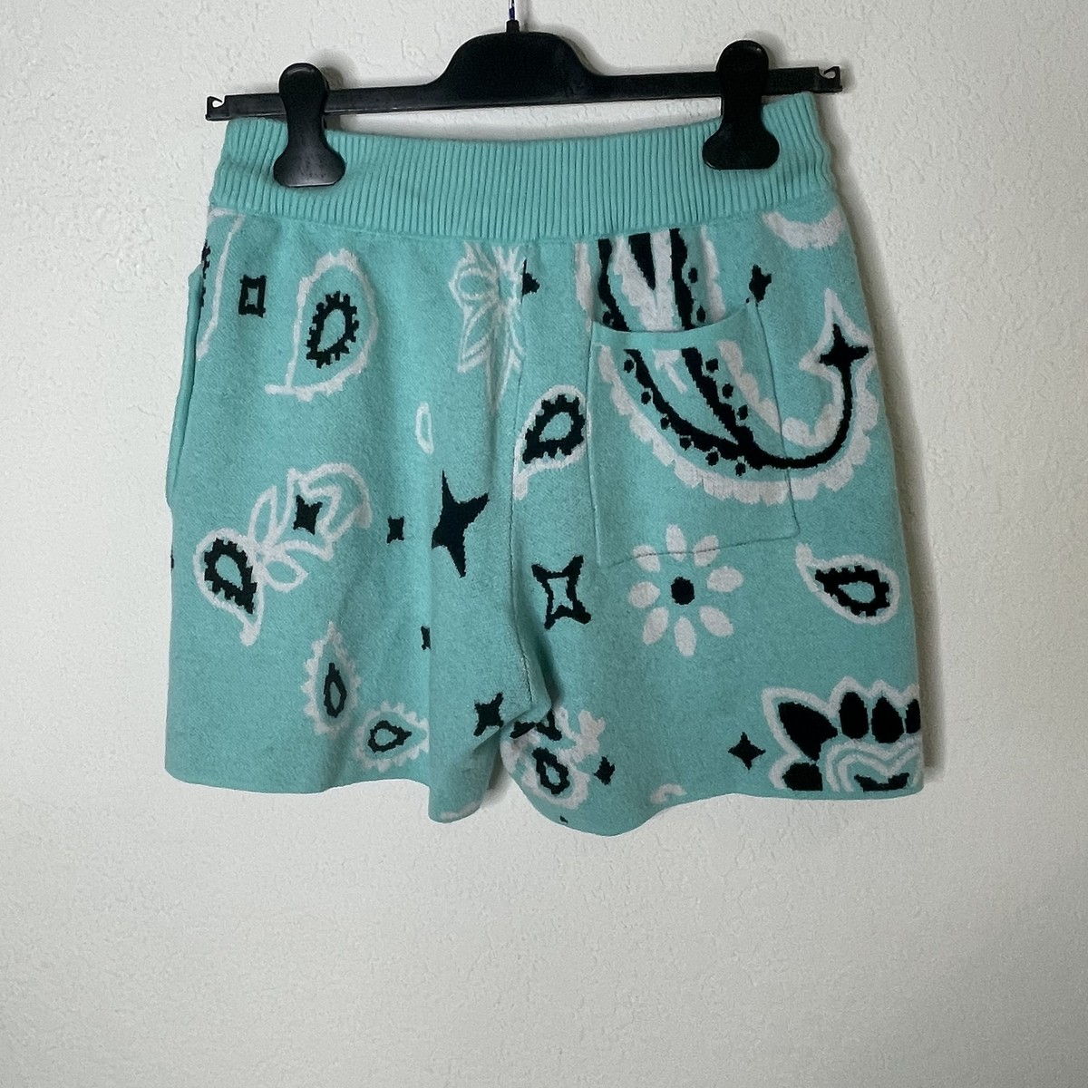 mnml Mens Paisley Knit Shorts XS Green Heavyweight Drawstring