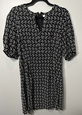 LOFT Dress Floral Embroidered 1/2 Sleeve Shift Tunic Black/White V- Neck Size 10