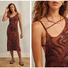 HOUSE OF SUNNY Shape Of My Heart Hockney Knit Midi Dress Brown Sz 6 {3L50}
