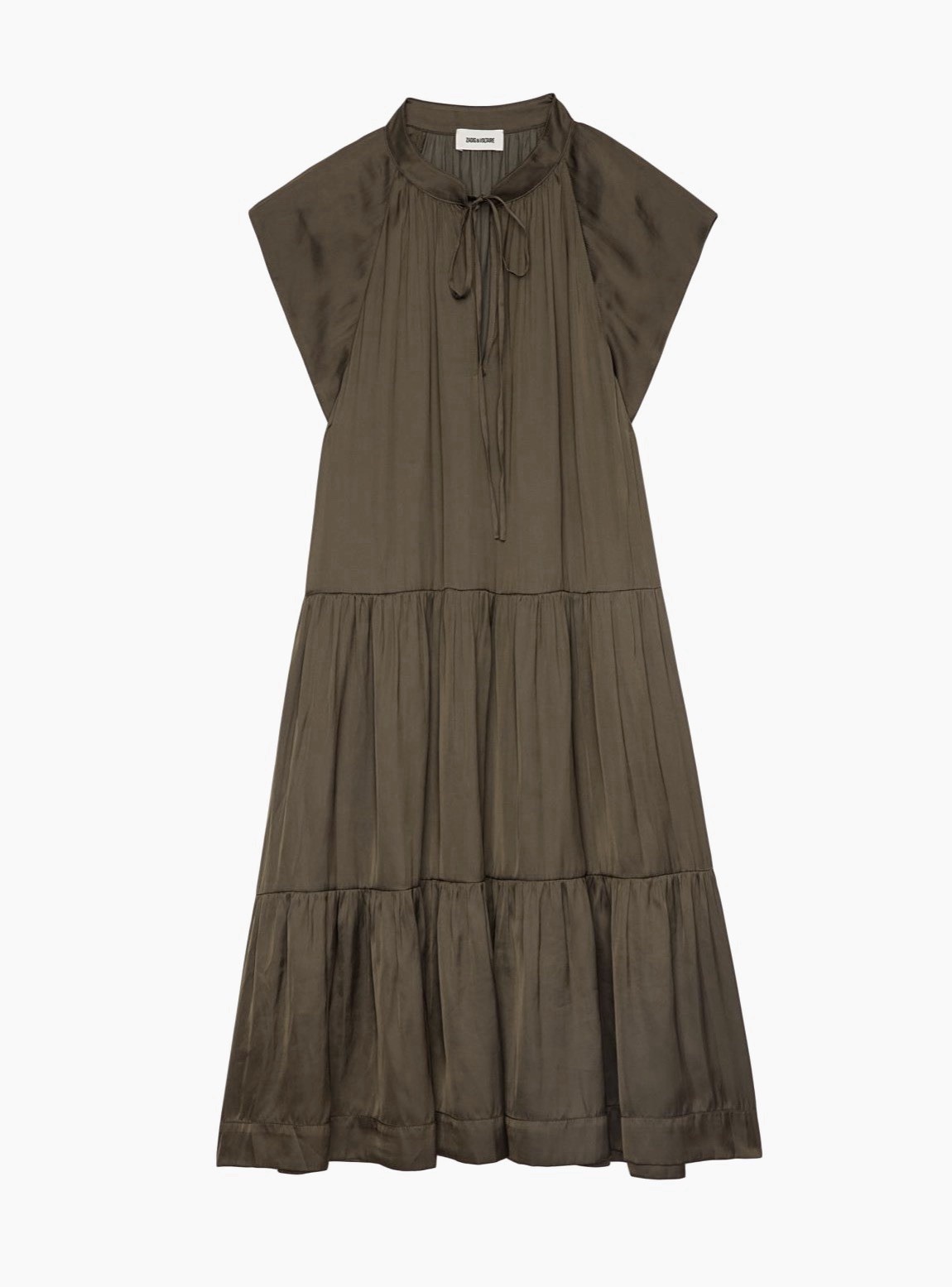Zadig & Voltaire Olive Green Satin Dress Womens XS Flowy Tiered Mini $358