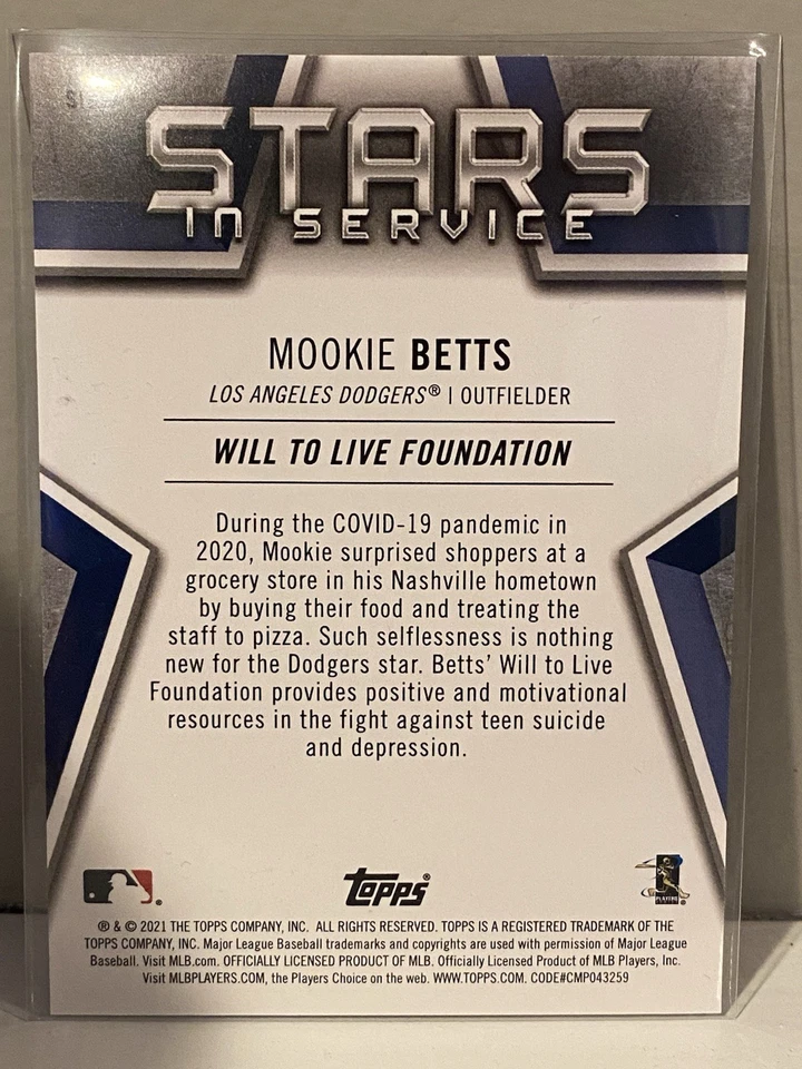 2021 Topps Series 1 Mookie Betts LA Dodgers Stars In Service Insert Card #SIS-7 - Image 4 of 4