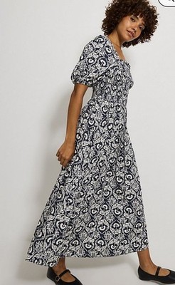 George Asda Ladies Size Blue Floral Shirred Puff Sleeve Midi