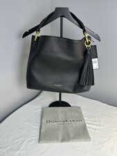 Donna Karan Pebbled Shoulder Bag Gold Hardware Tassel Accent Black
