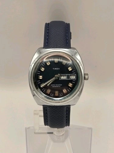 Vintage 1974 Timex Viscount- Mens Blue Dial Automatic Day Date Cusion Case Watch