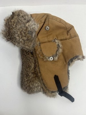 Mad Bomber Trapper Hat Rabbit Fur Hat Size Large Tan Brown Cotton Canvas Warm