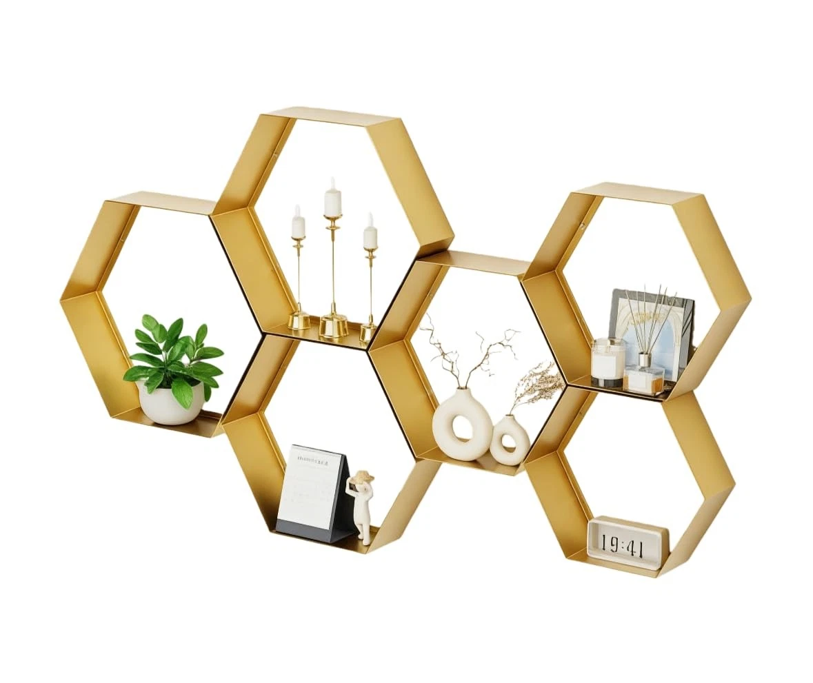 Gold Metal Hexagon Floating Shelves Set Of 6 Honeycomb Wall Decor Shelf 6 PCS