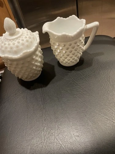 Vintage Fenton Milk Glass Hobnail Scallop Edged Creamer & Lidded Sugar Bowl Set