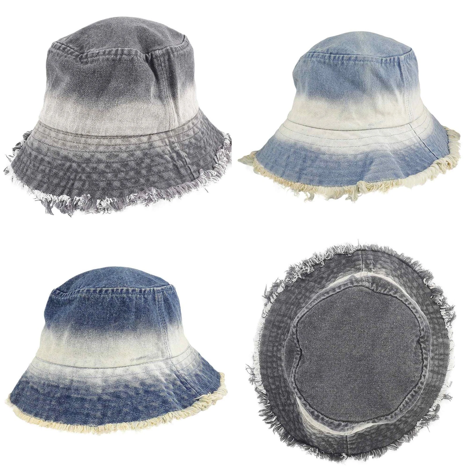 Bucket Hat Jeans Stonewashed Brim Fringe Fishing Hat Cap
