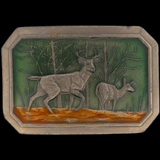 Hunter Deer Buck Doe Duck Hunting Tree Gun Western 1970s Vintage Belt Buckle
