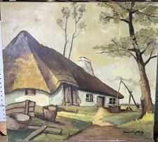 Mid Century Oil On Canvas Hungarian Naive Cottage Scene Signed 29.5” X 27.5”