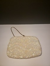 Vintage Sequins Beaded Ivory Clutch Evening Purse Made In Hong Kong