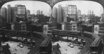 An Elevated Rail Line Skyscrapers Background An Advert For Moore &- Old Photo