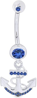 Simulated Blue Sapphire Anchor Dock Belly Button Navel Ring 14K  Gold Plated