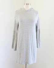 Lou and Grey Striped Hooded Bell Sleeve Soft Knit Sweater Dress Size S Gray
