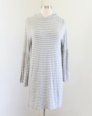 Lou and Grey Striped Hooded Bell Sleeve Soft Knit Sweater Dress