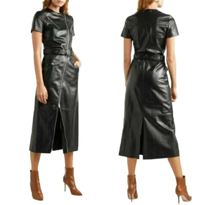 Damen Schwarz Leder Kleid Original Schwarz Lammleder Damen Mode Übergröße - Bild 1 von 2