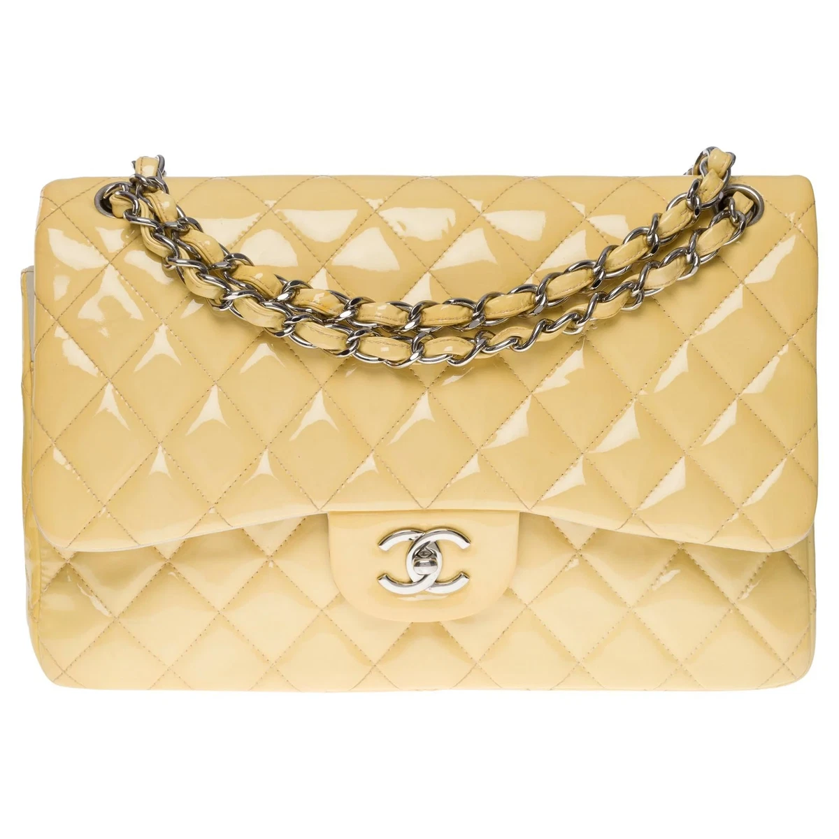 CHANEL Timeless Jumbo double flap shoulder bag in yellow patent