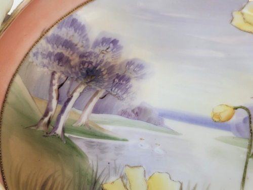 Antique Nippon Noritake Tree Swans Flowers Lake Hand Painted Handled Bowl - Picture 7 of 9