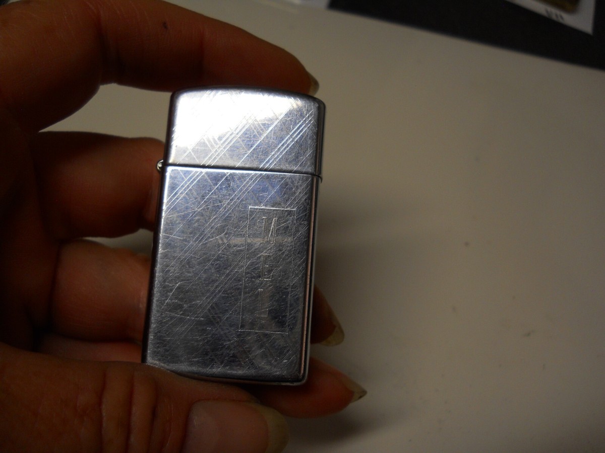1980 Zippo Slim Chrome Wind Proof Lighter Plaid Etched & Engraved