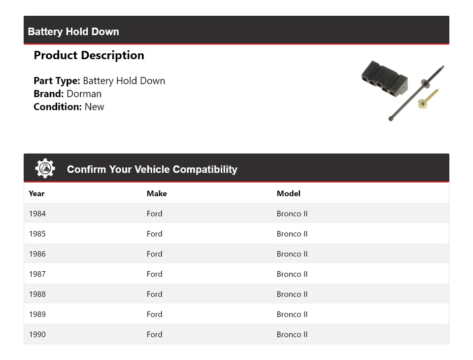 Retención de batería para Ford Bronco II Dorman 1984-1990 1985 1986 1987 1988 1989 Foto 2 de 4