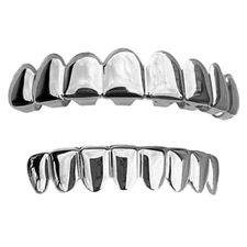 Deeper-Cut Teeth Grillz 8 Top or 8 Bottom or 8/8 Teeth Silver Tone Grill Set
