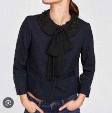 Zara Womens Blazer Jacket 2XL Navy Black Embellished Collar Removable Smart