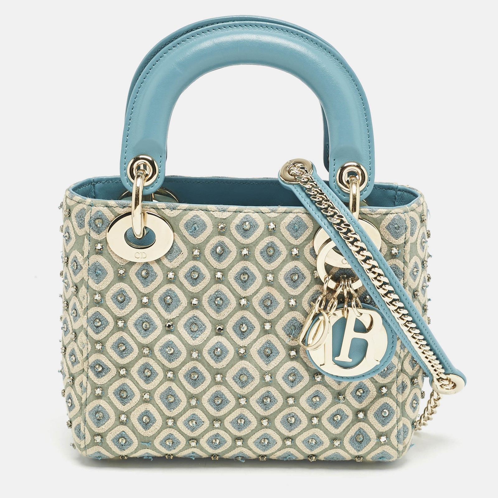 Dior Mini Lady Dior Tote in Blue and White Fabric with Crystal Studs