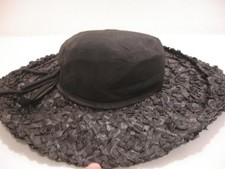 Vtg 1950's Elsa Schiaparelli Paris Black Woven Raffia Silk Hat Ribbon Round