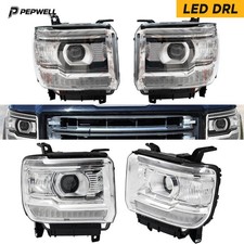Pair Clear Led Drl Headlights Headlamps For 2014-2018 Gmc Sierra 1500 2500 3500