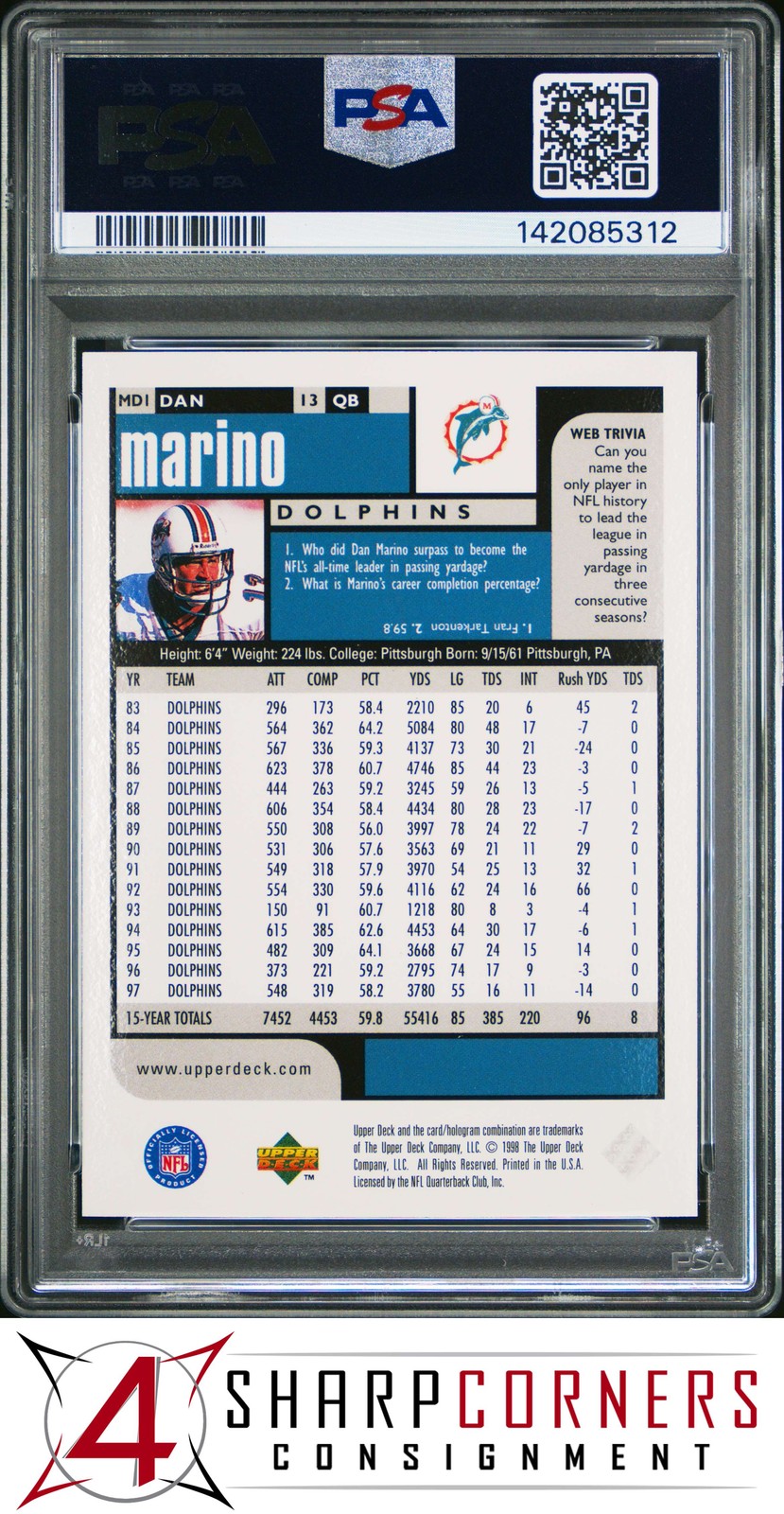 1998 UD CHOICE MIAMI DOLPHINS #MD1 DAN MARINO HOF POP 2 PSA 10 view 2