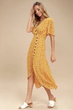 Lulus After-Bloom Delight Golden Yellow Floral Midi Dress Sz S