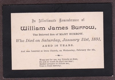 Willliam James Burrow, Died 1891, Age 16 - Funeral Card, Irton, Holmrook, UK