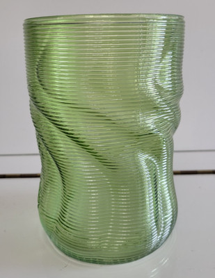 LIME GREEN RIBBED TWISTED CRIMPLED VASE EMOBSED WITH THE LETTER V 6.25 INCHES