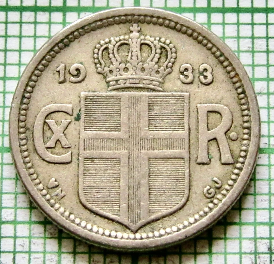 ICELAND CHRISTIAN X 1933 N GJ 25 AURAR Crowned Shield yes we combine postage - Image 3 of 4