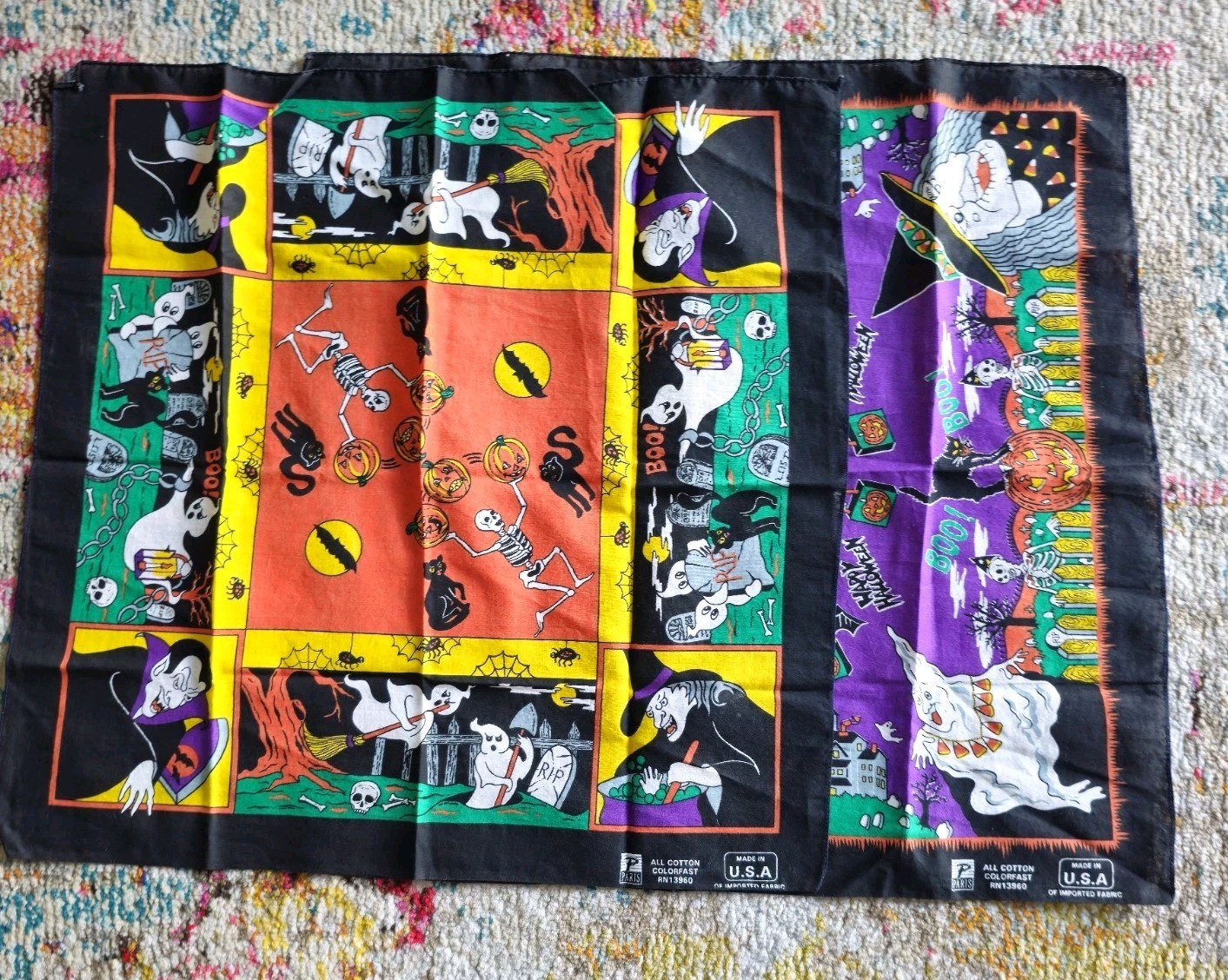 VTG Paris Halloween Bandana Scarf Orange Black Yellow USA Trick Or Treat LOT 2