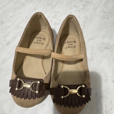 Janie and Jack Girls Suede Mary Jane Flats Beige/Brown Fringe Buckle Size 8
