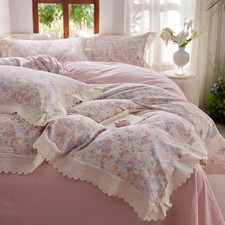 Cotton Muslin Duvet Cover Set King, Romantic Ruffle Floral Duvet Cover