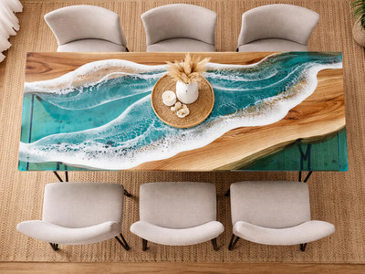 Live Edge Ocean Epoxy Resin Dining Table Top Coastal Hardwood Handmade